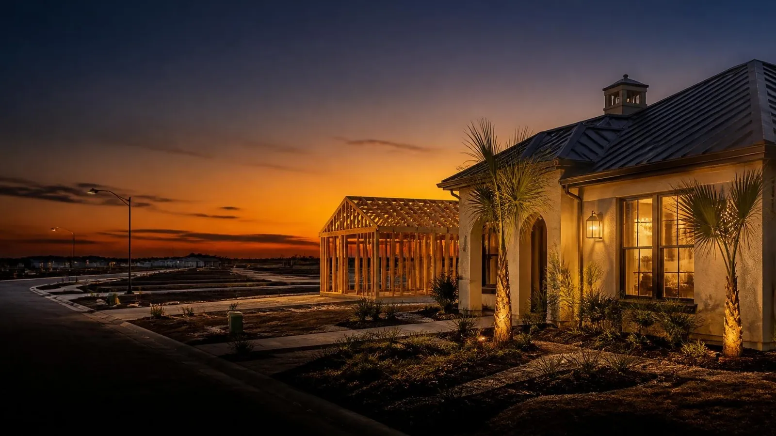 Illustration: a finished stucco model home with palms and lit windows beside a framed home under construction in a new subdivision at sunset