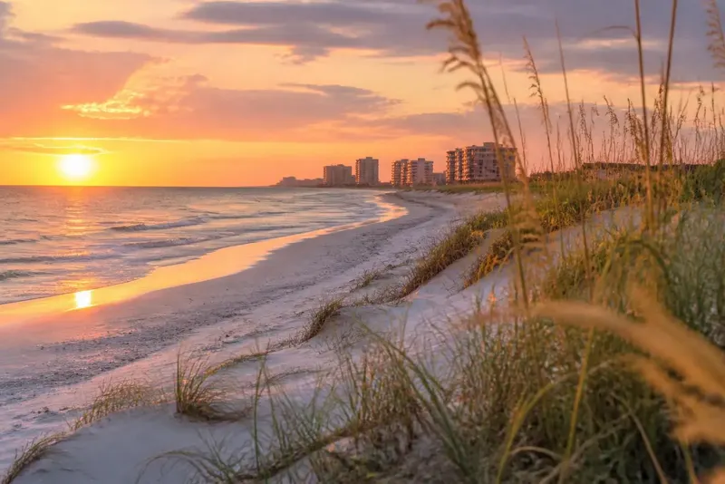 Illustration: beach and dunes at sunset with high-rise condos in the distance