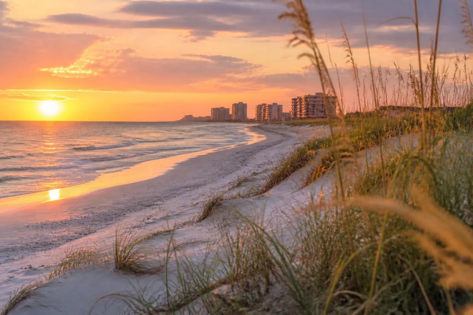 Beach and dunes with condos in the distance