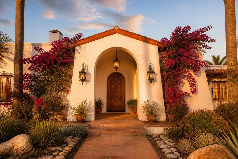 Ilustración: casa de estilo colonial con entrada en arco y bugambilias