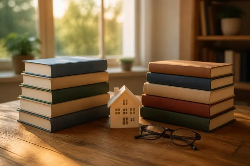 Ilustración: libros apilados, una casa a escala y lentes sobre un escritorio