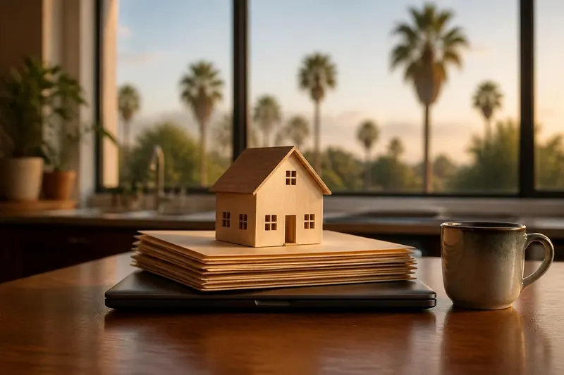 Illustration: model house on a stack of file folders on a kitchen table