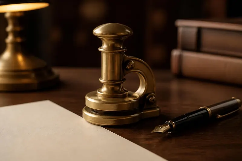 Ilustración: sello notarial de latón y pluma fuente sobre un escritorio