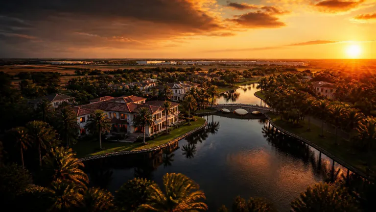 Casas junto al agua al atardecer