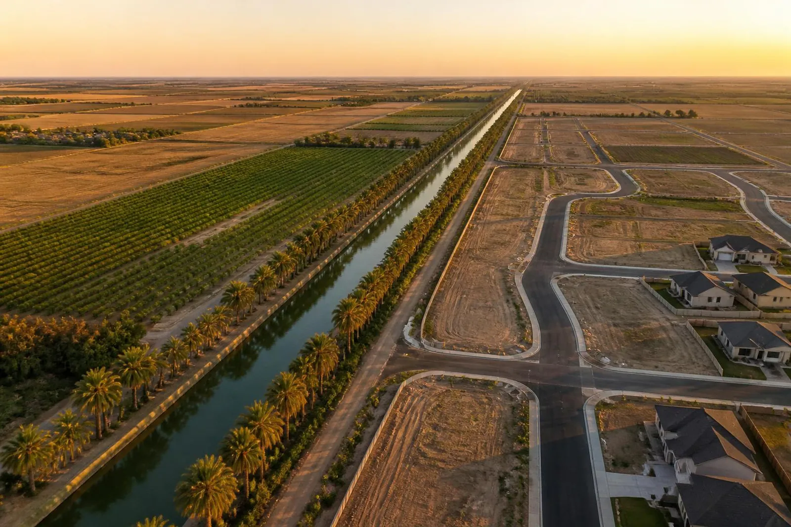Aerial view of farm fields, an irrigation canal and new homes at sunset