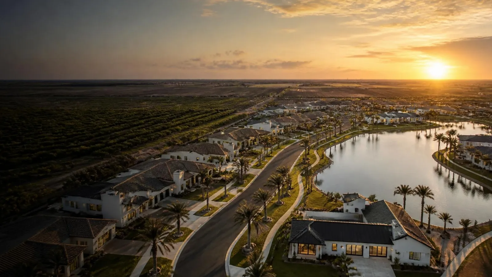 Illustration: sunset aerial of a new-home neighborhood with palms and a lake beside citrus groves (not a listed community)