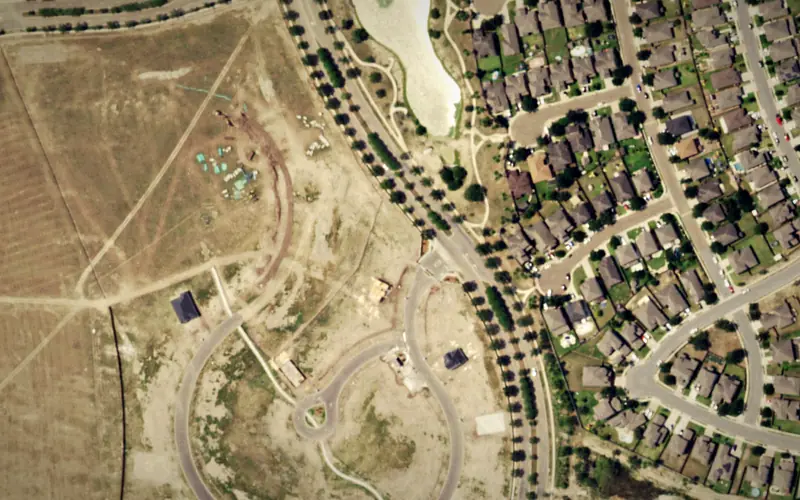 Aerial view of the area around Silos at La Sienna, Edinburg