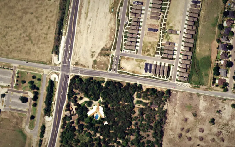 Aerial view of the area around Villas On Freddy, McAllen