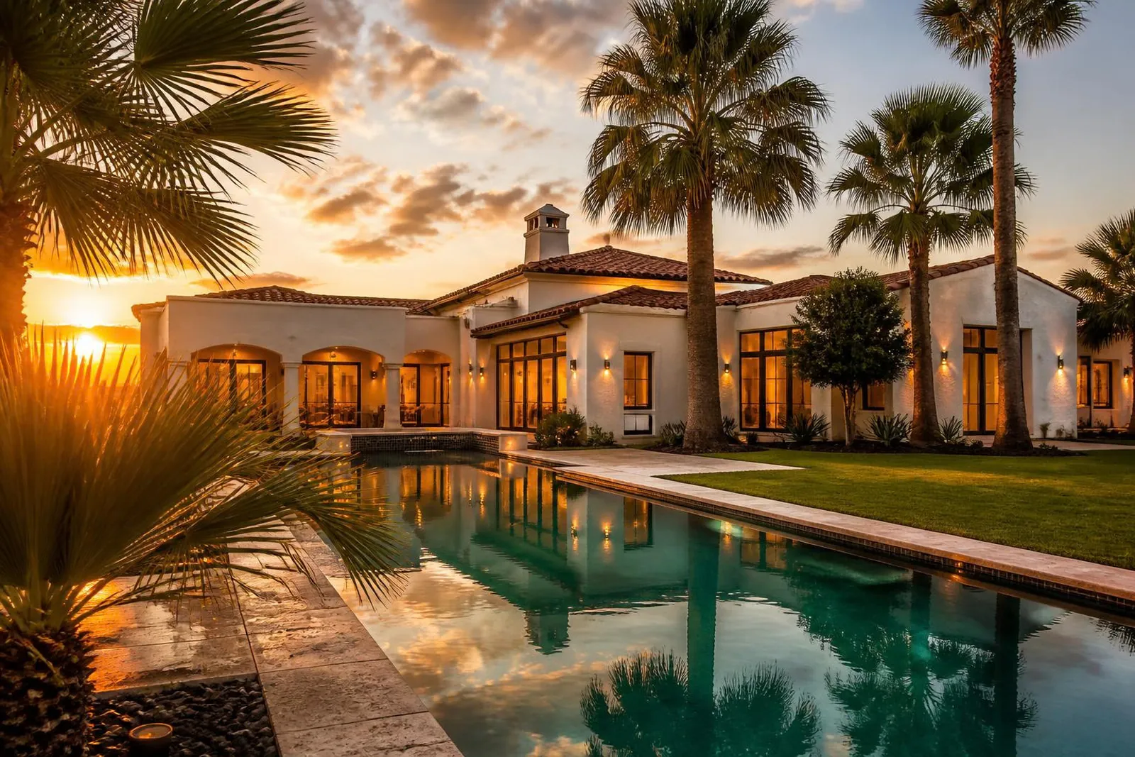 Spanish-style home with a pool framed by palm trees